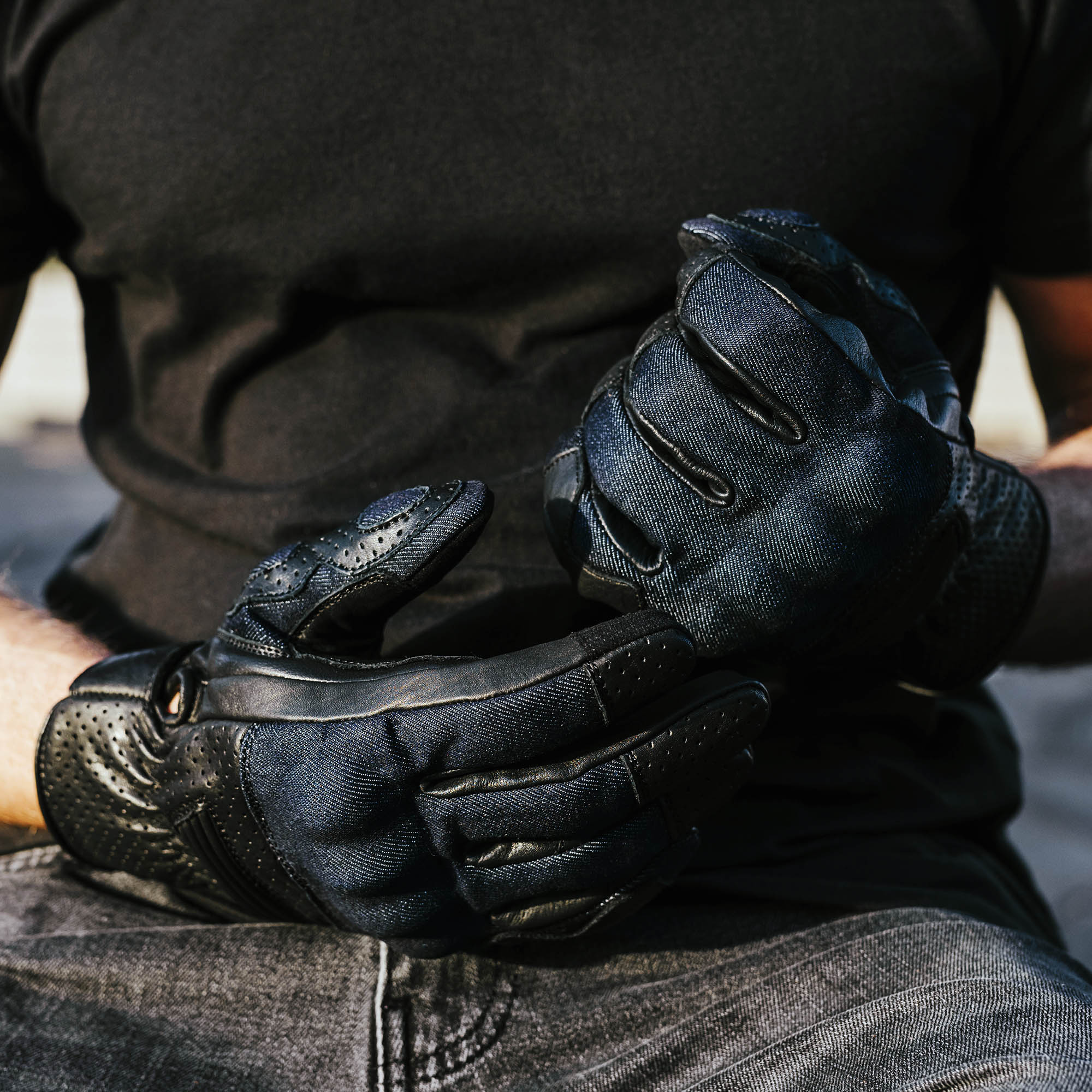 Denim On Black Motorcycle Gloves - Image 4
