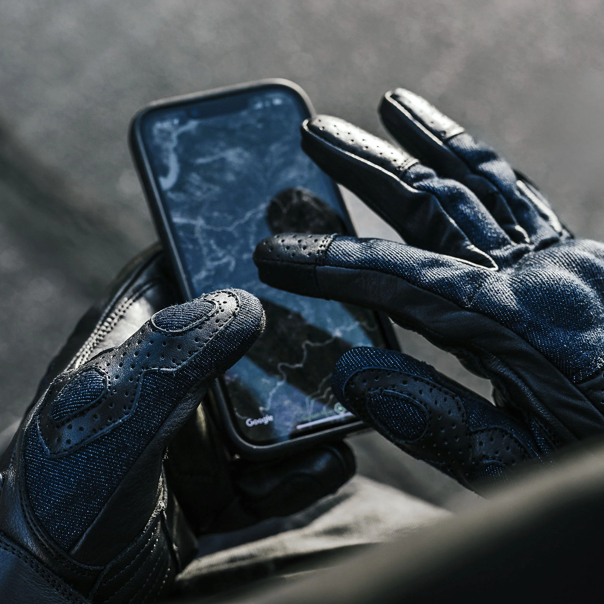 Denim On Black Motorcycle Gloves - Image 5