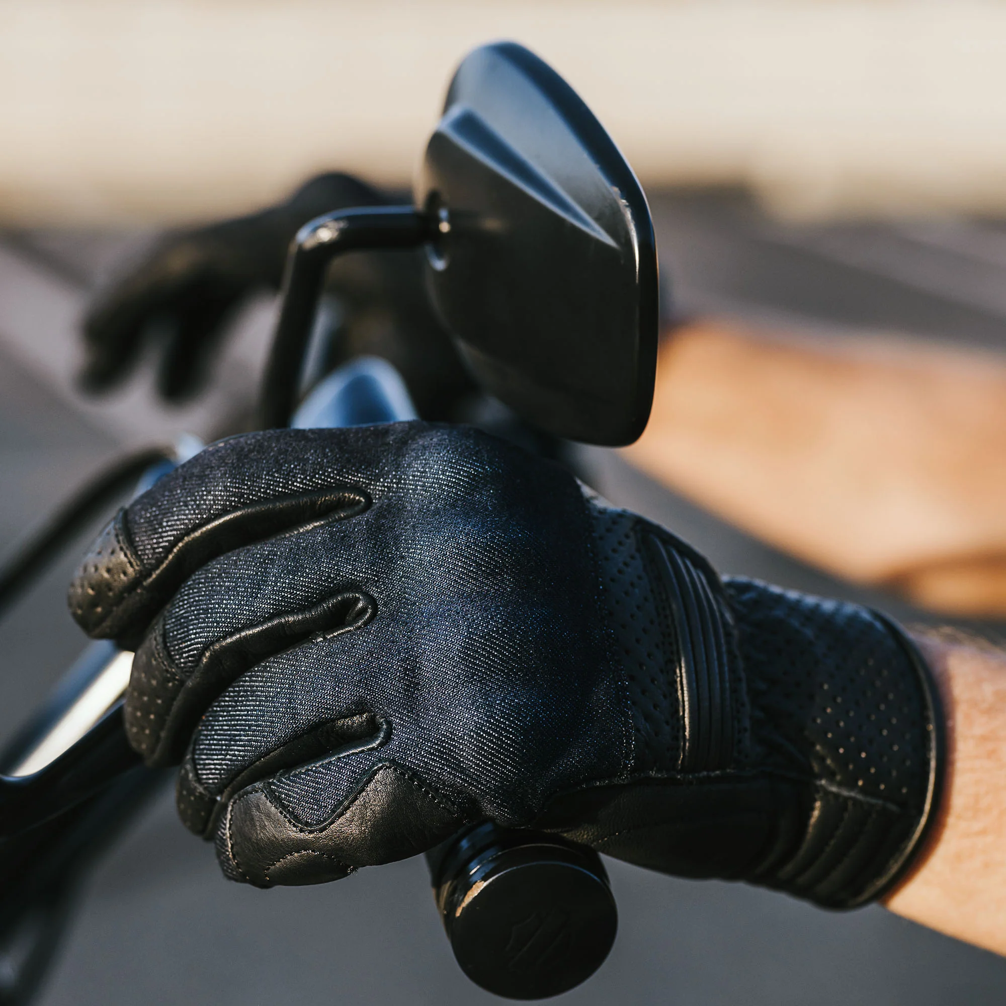 Denim On Black Motorcycle Gloves - Image 6