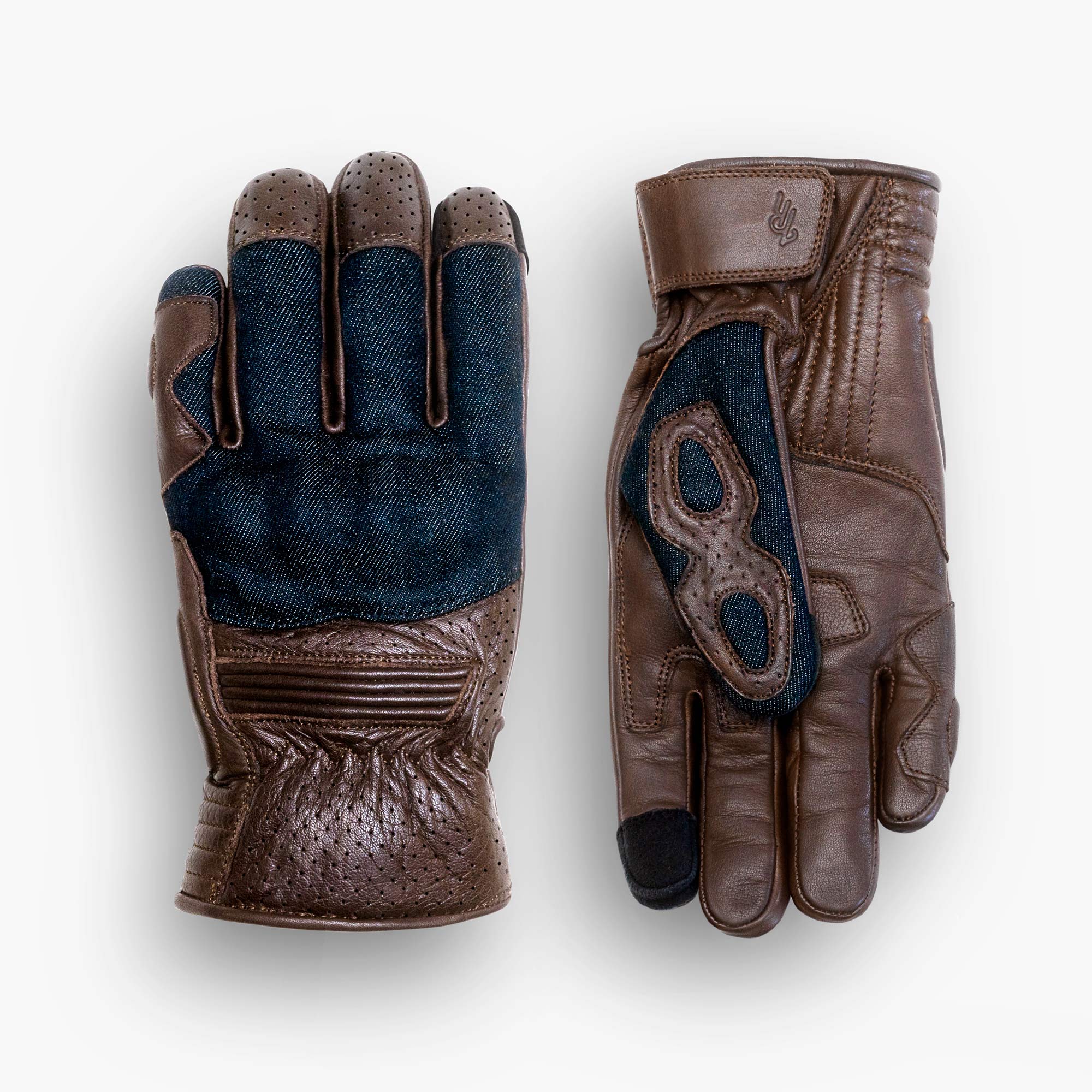 Denim On Brown Motorcycle Gloves - Image 3