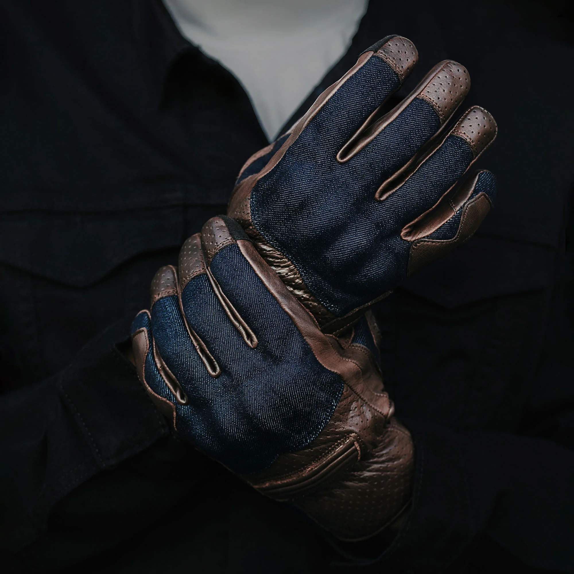 Denim On Brown Motorcycle Gloves - Image 4