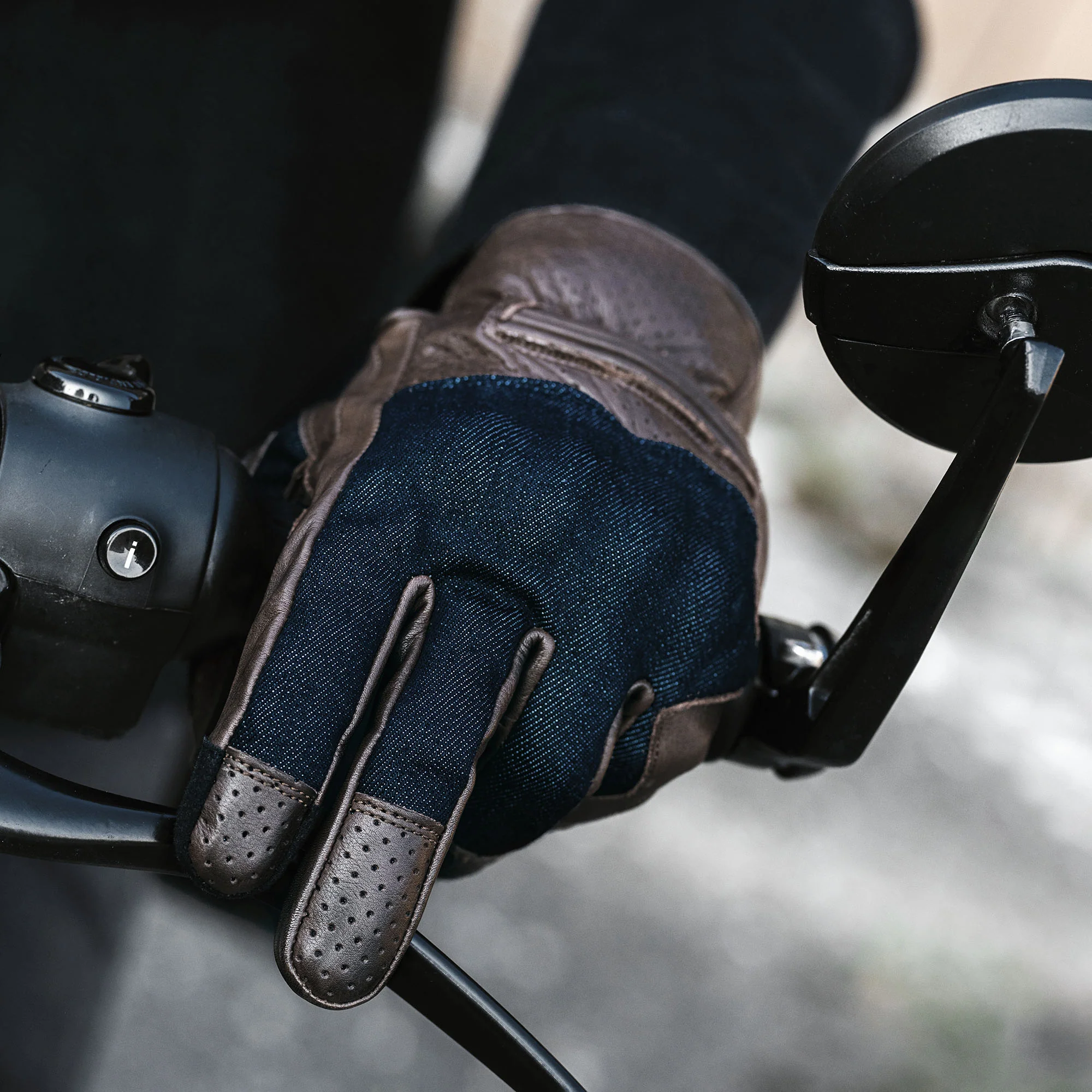 Denim On Brown Motorcycle Gloves - Image 5