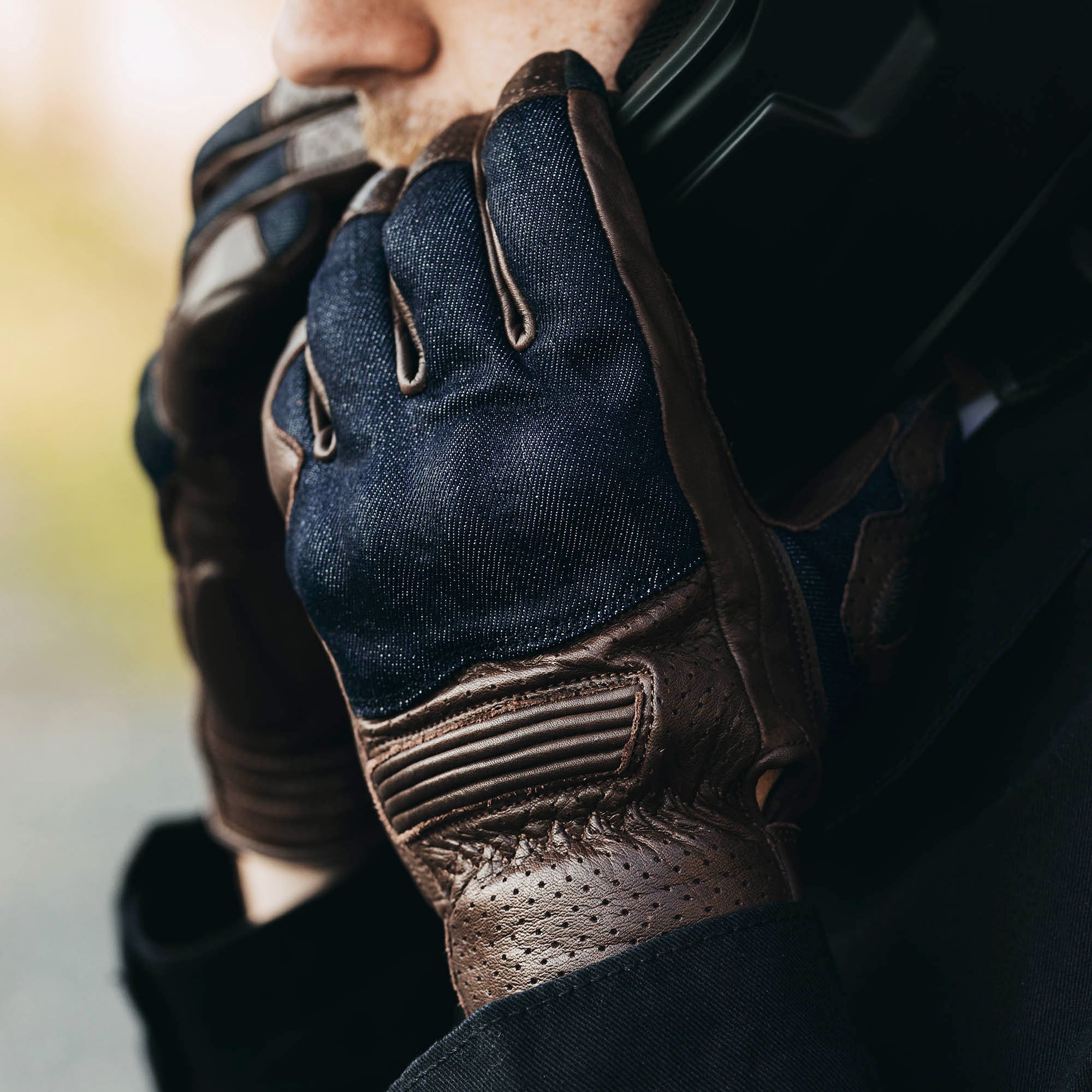 Denim On Brown Motorcycle Gloves - Image 6