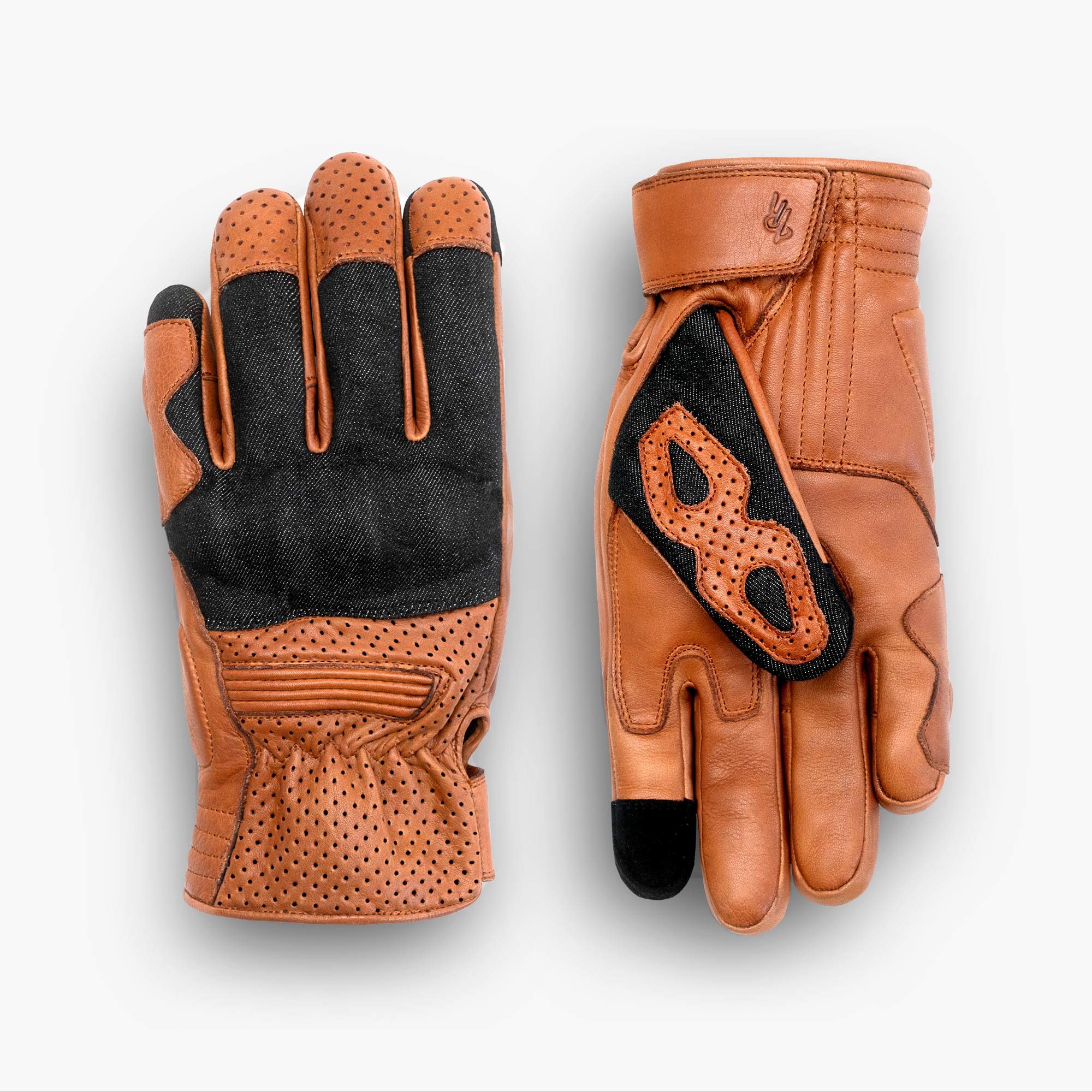 Black Denim On Camel Motorcycle Gloves - Image 3