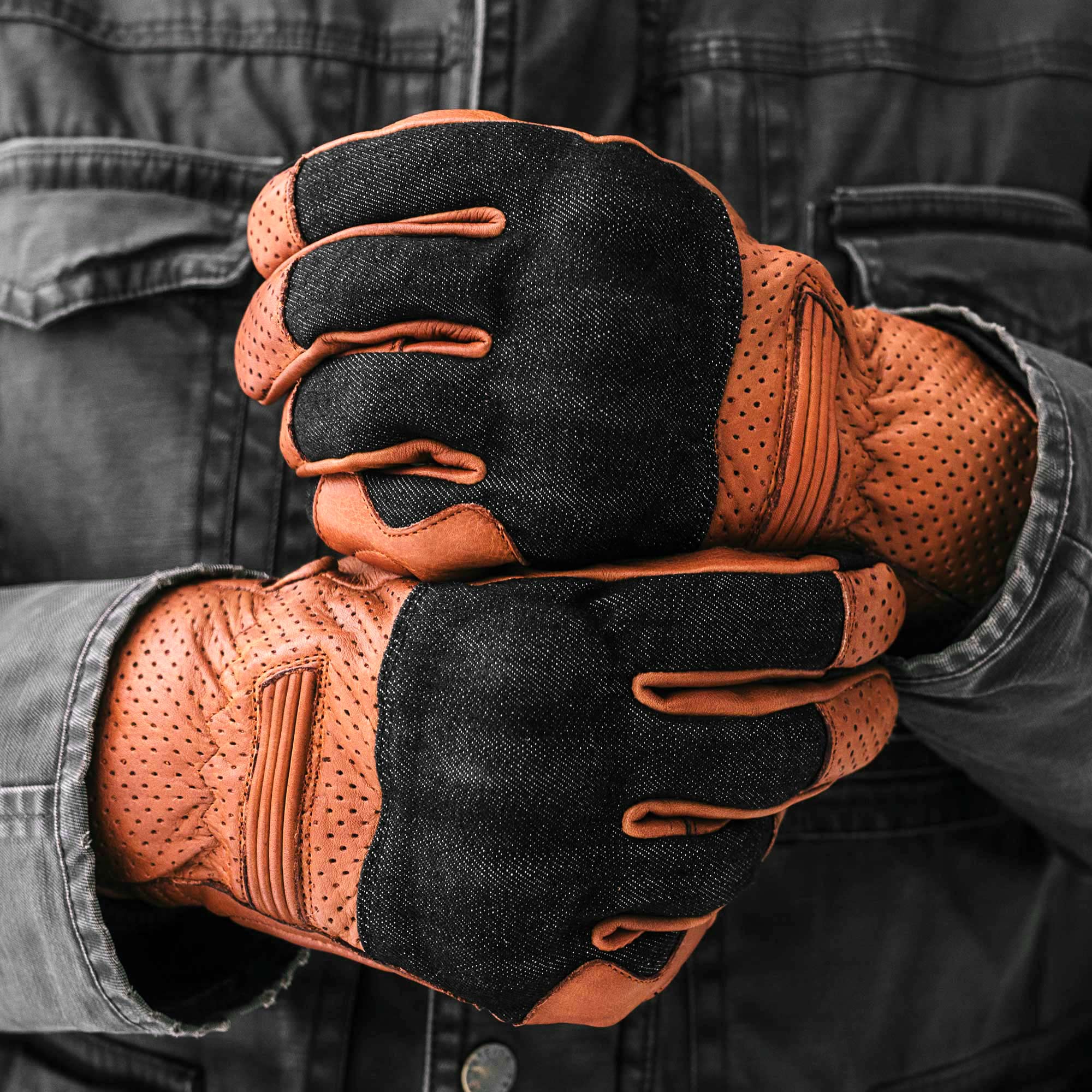 Black Denim On Camel Motorcycle Gloves - Image 6